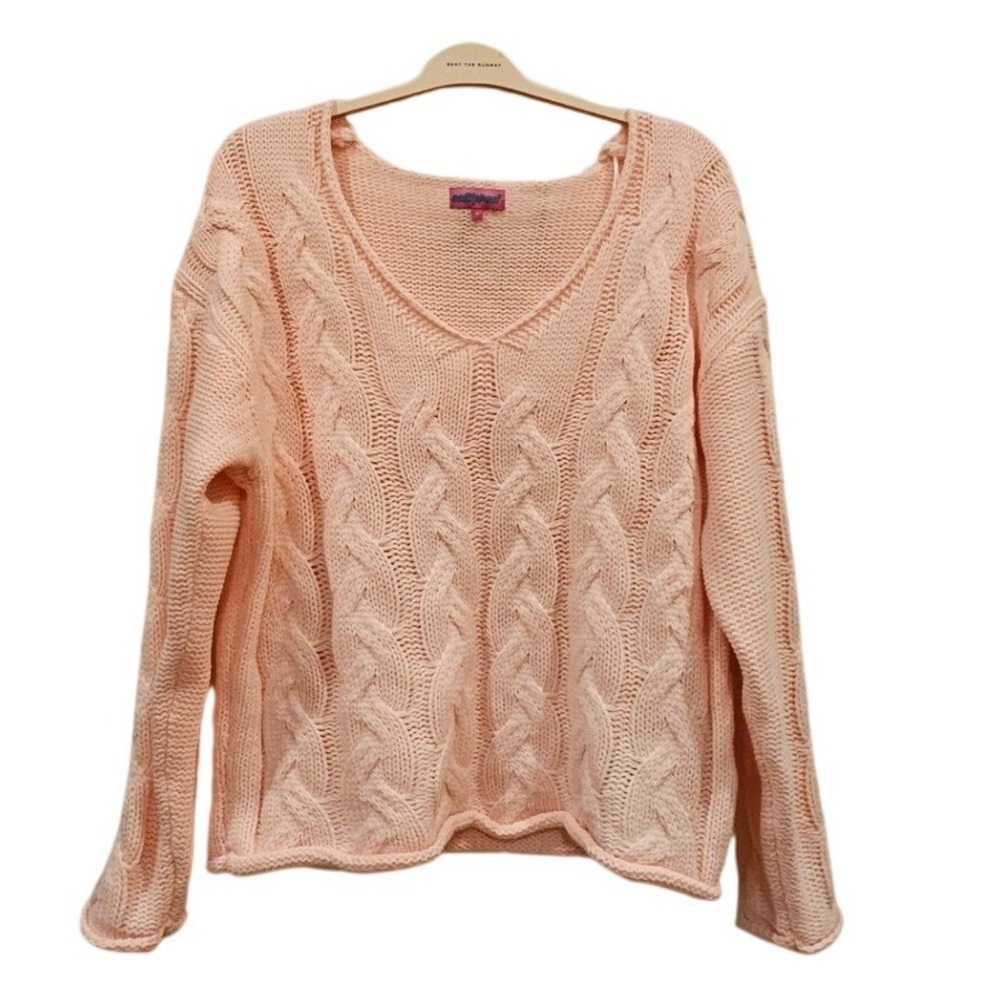 Edikted Womens Peachy Pink Chunky Cable Knit V-Neck Relaxed Sweater Size M